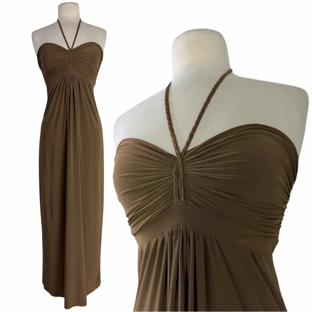 Boho Gypsy Indie Brown Ruched Halter Maxi Dress Braided Goddess Festival XS